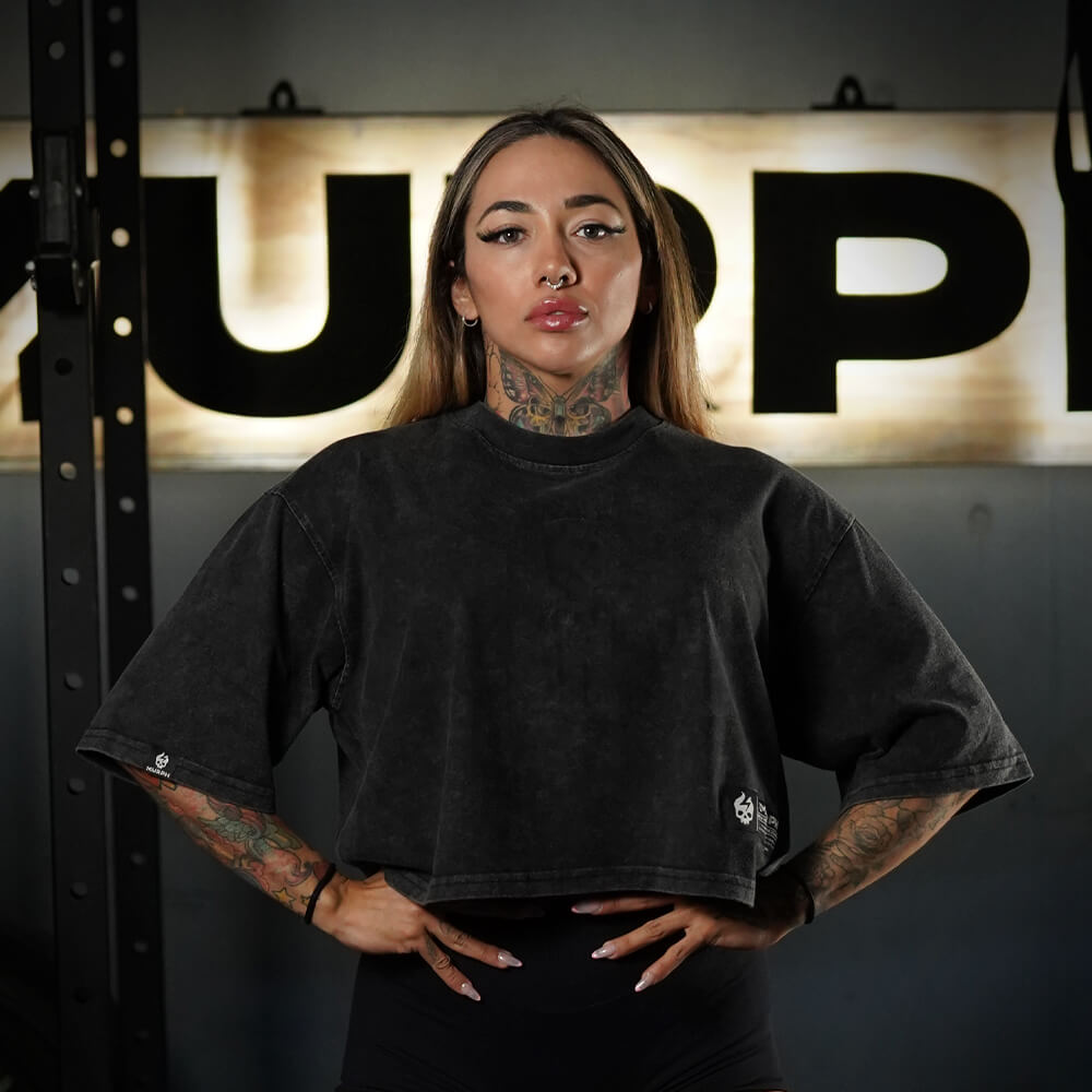 Crop Top Oversize Premium Circular Logo - Acid Black