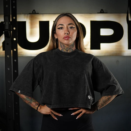 Crop Top Oversize Premium Circular Logo - Acid Black