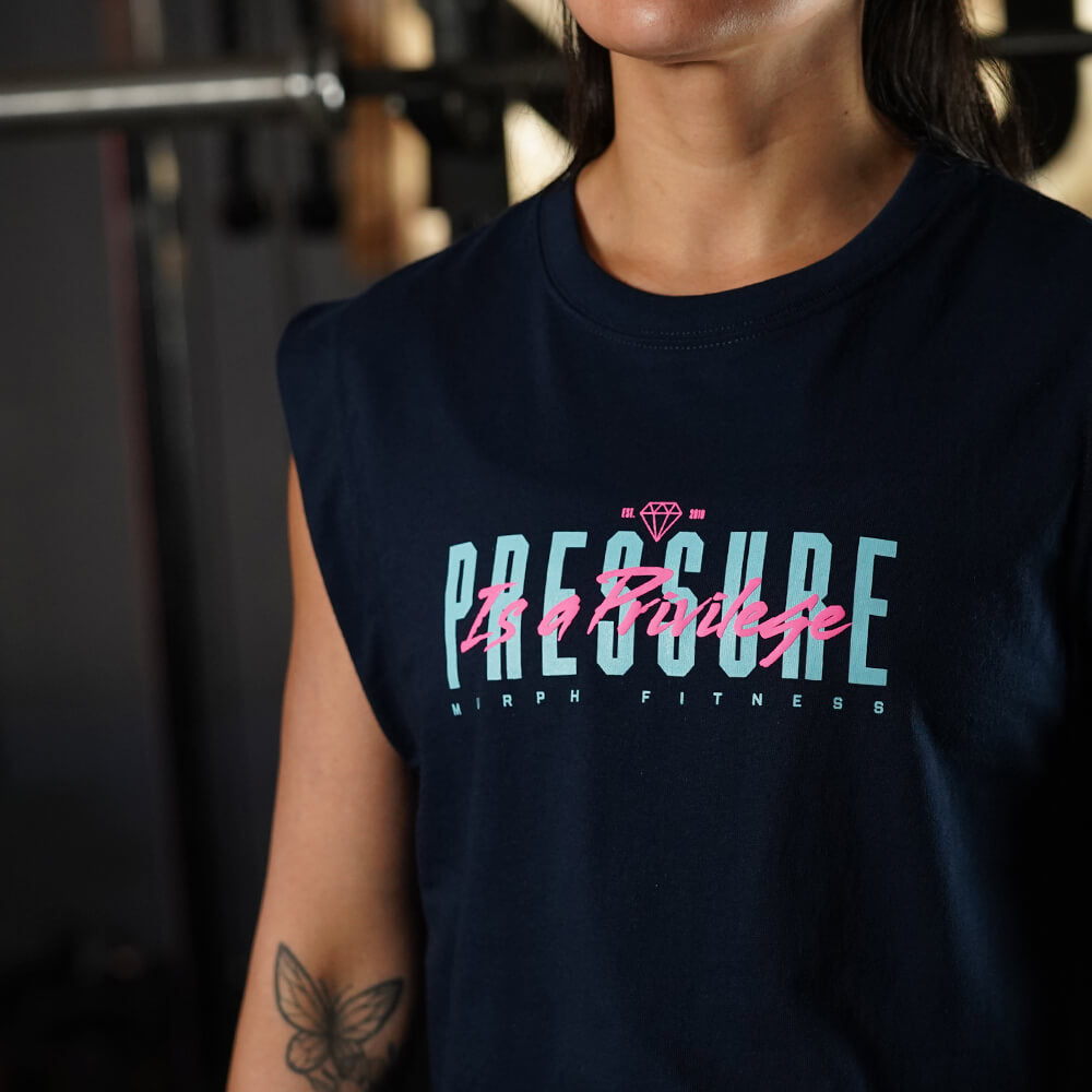 Crop Top Oversize Sleeveless PRESSURE IS A PRIVILEGE - Navy Blue