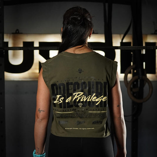 Crop Top Oversize Sleeveless PRESSURE IS A PRIVILEGE - Tactical Green