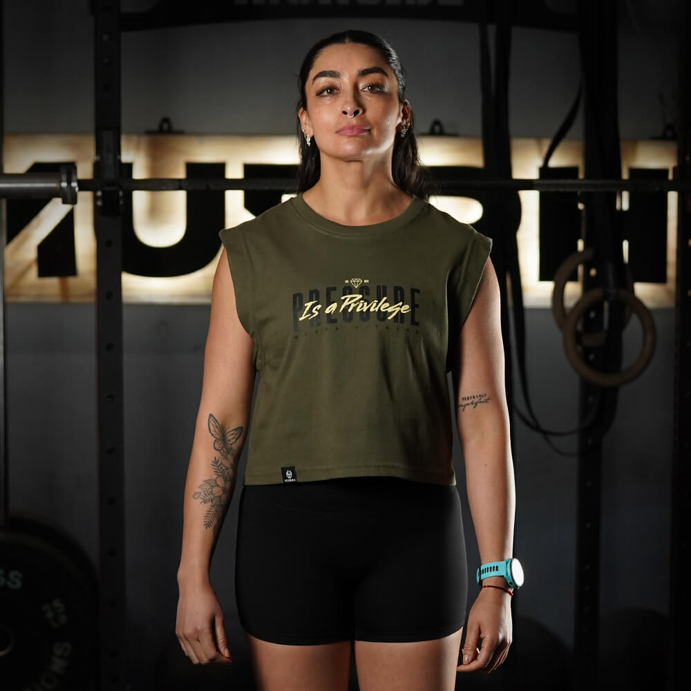 Crop Top Oversize Sleeveless PRESSURE IS A PRIVILEGE - Tactical Green