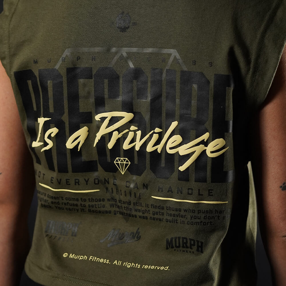 Crop Top Oversize Sleeveless PRESSURE IS A PRIVILEGE - Tactical Green