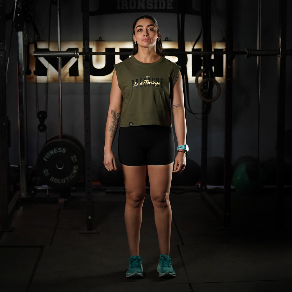 Crop Top Oversize Sleeveless PRESSURE IS A PRIVILEGE - Tactical Green