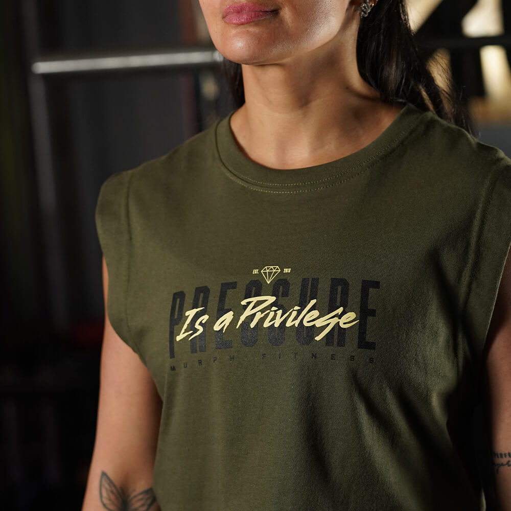 Crop Top Oversize Sleeveless PRESSURE IS A PRIVILEGE - Tactical Green